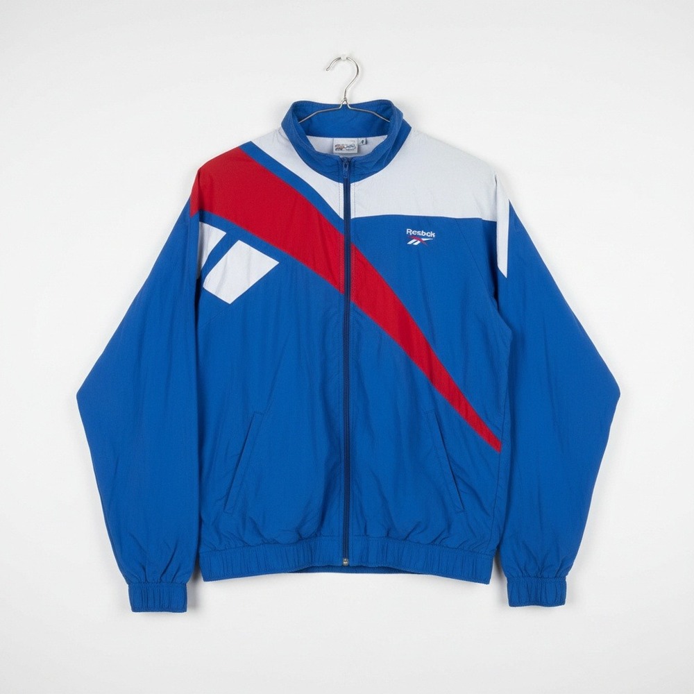 Reebok Track Jacket Blue Red White Color Block Full Zip Windbreaker Mens L
